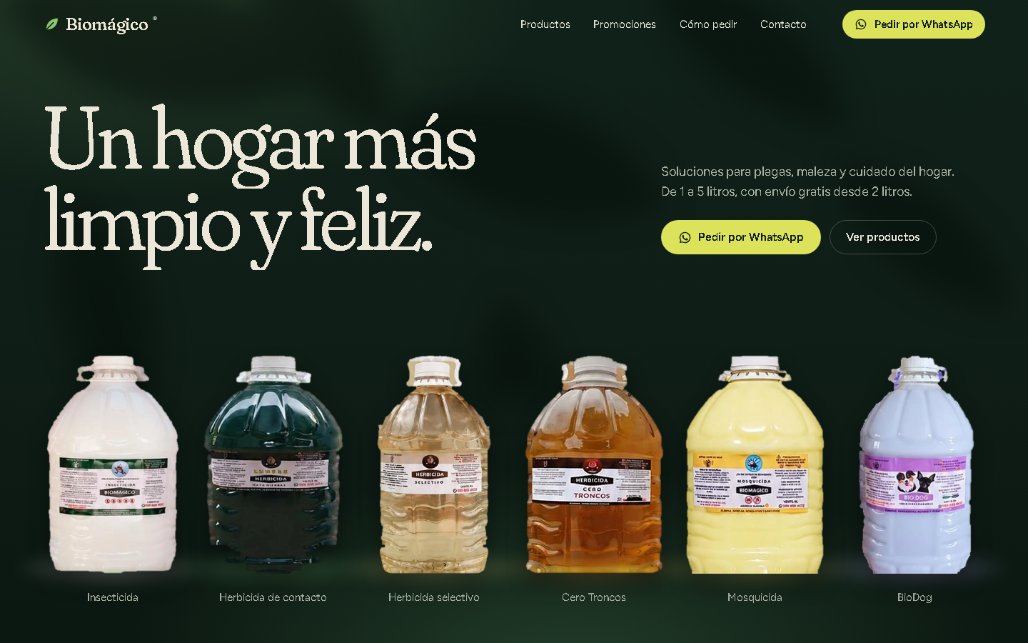 Portada de Biomágico en escritorio: titular «Un hogar más limpio y feliz» y la línea de productos en garrafa.
