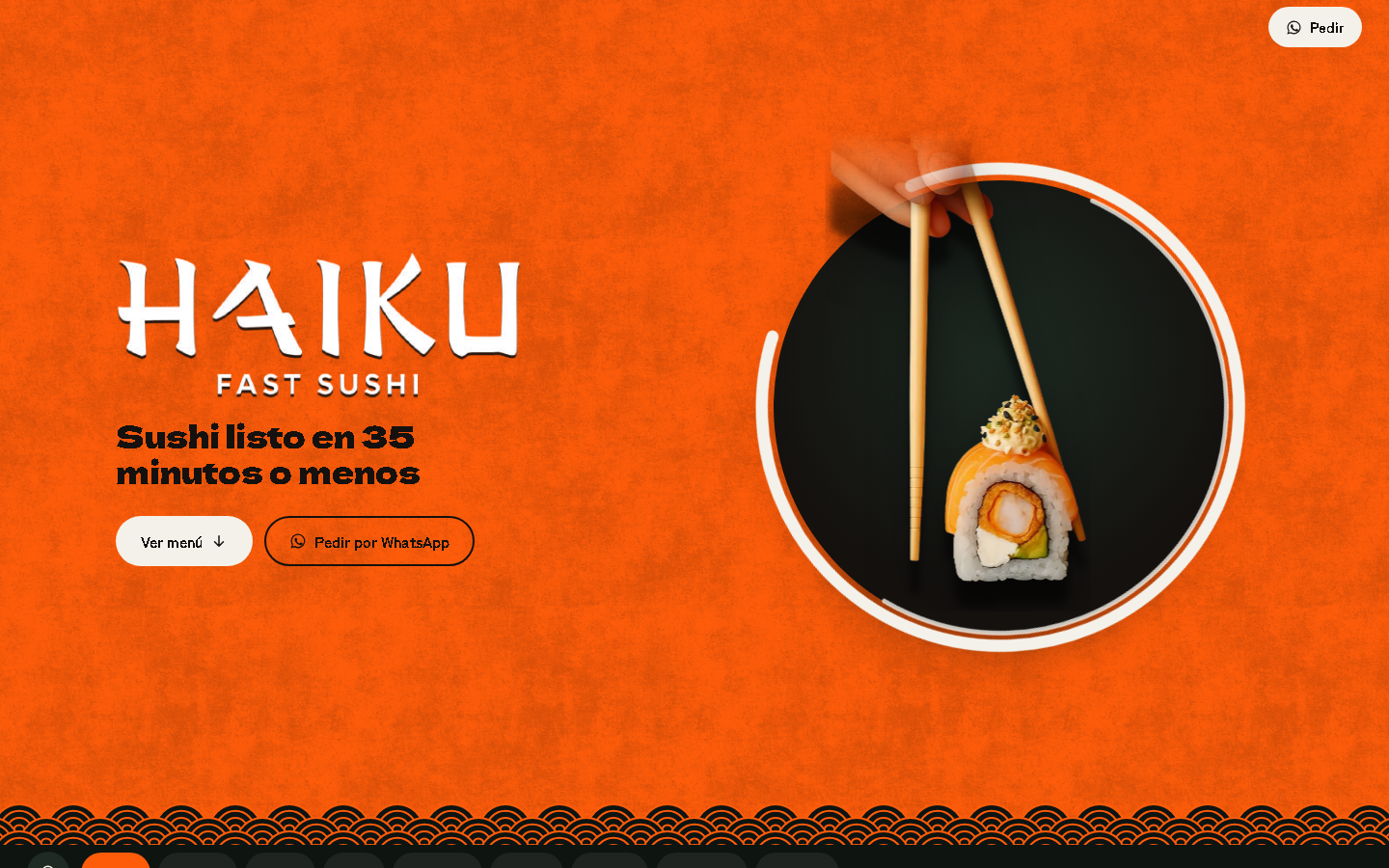 Portada del menú de Haiku Fast Sushi: logotipo, el lema «Sushi listo en 35 minutos o menos» y una pieza de sushi.