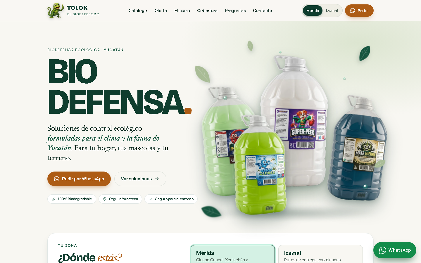 Portada de TOLOK en escritorio: titular «Bio defensa», garrafas de producto y botón para pedir por WhatsApp.